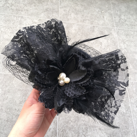 トーク帽 トークハット 黒　 ブラック 髪飾り ヘッドドレス 結婚式 卒業式 ウェディング ヘアアクセサリー　リボン 1枚目の画像