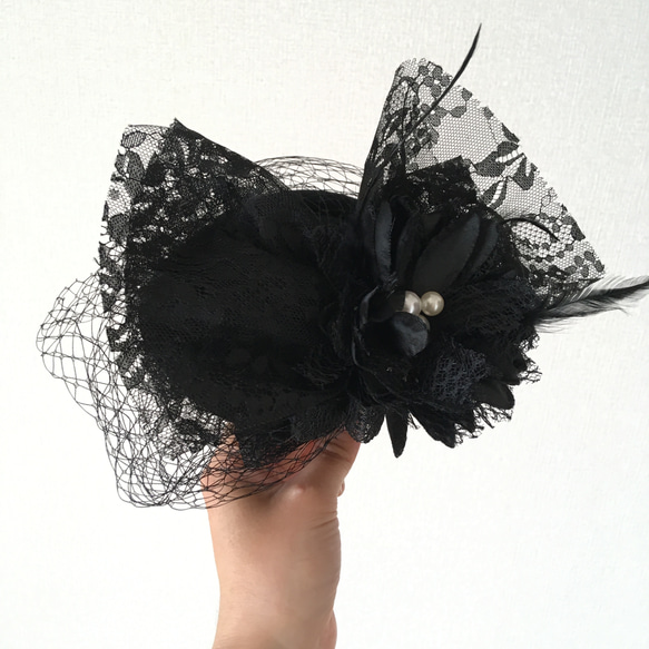 トーク帽 トークハット 黒　 ブラック 髪飾り ヘッドドレス 結婚式 卒業式 ウェディング ヘアアクセサリー　リボン 5枚目の画像