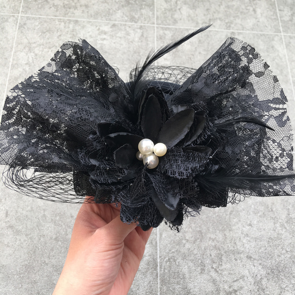 トーク帽 トークハット 黒　 ブラック 髪飾り ヘッドドレス 結婚式 卒業式 ウェディング ヘアアクセサリー　リボン 3枚目の画像