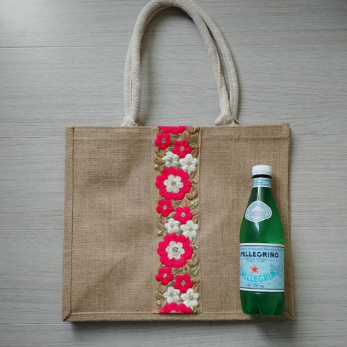百貨店福袋 ジュートバッグ インド刺繍リボン オレンジ花 サイズ大 トート トートバッグ