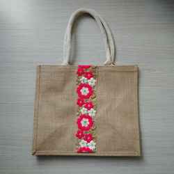 ジュートバッグ インド刺繍リボン オレンジ花 サイズ大 トート
