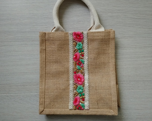 ジュートバッグ インド刺繍リボン ピンク ミントグリーン花 サイズ小