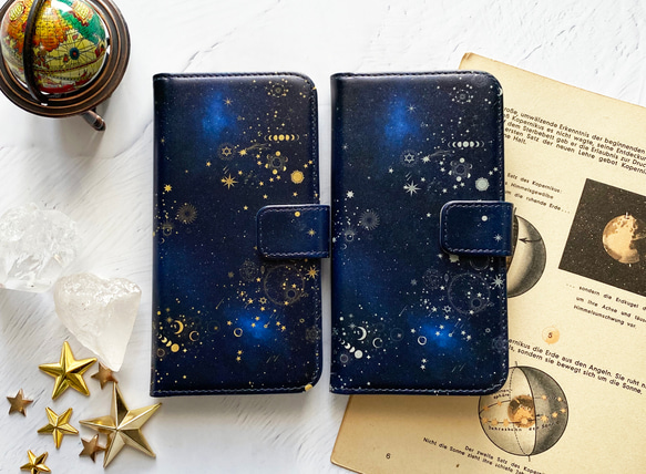 銀河の彼方まで広がる、天体総柄 手帳型 iPhoneケース スマホケース 全
