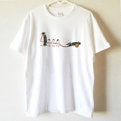 【送料無料】コウテイペンギンの電車ごっこTシャツ～子供から大人までみんなで使える13サイズ～ 1枚目の画像