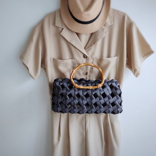 選べる9色】大人カゴバッグ M 黒black 竹ハンドル フォーマル 着物にも