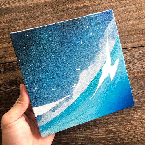 2つの青」 原画 海×空×渡り鳥 青 水平線 絵画 キャンバス 風景画