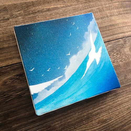 2つの青」 原画 海×空×渡り鳥 青 水平線 絵画 キャンバス 風景画