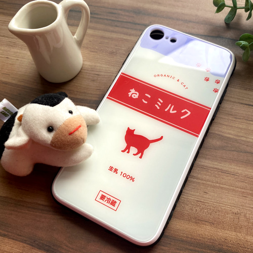 ねこミルクのガラススマホケース（赤/強化ガラス） 猫 メンズ