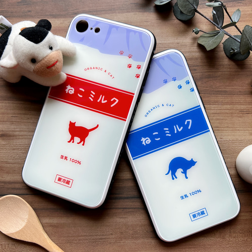 ねこミルクのガラススマホケース（赤/強化ガラス） 猫 メンズ
