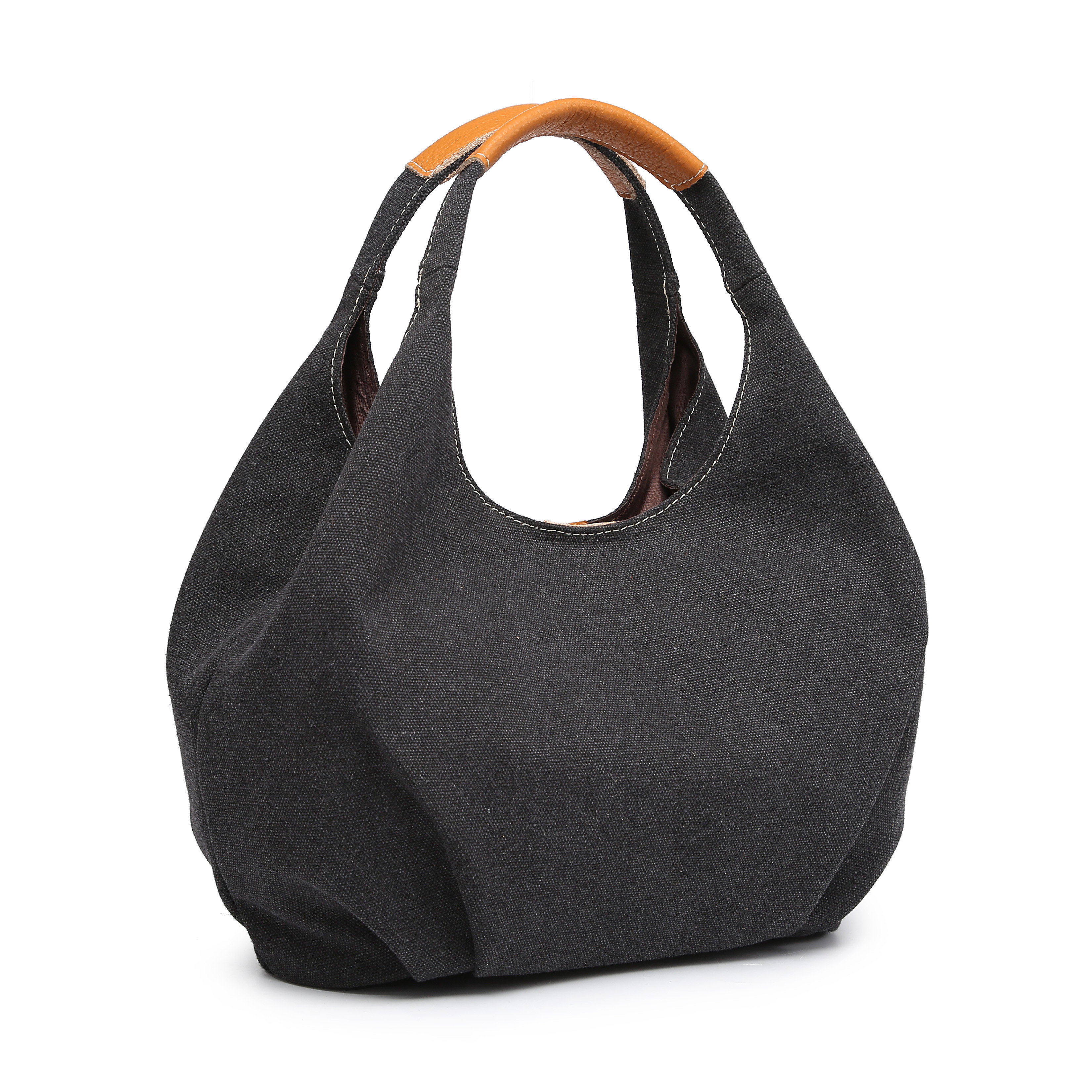 バルーントートバッグ　帆布　本革レザー　大容量　通勤通学　レディース　B5 キャンバス　ブラック　ST96        Ω