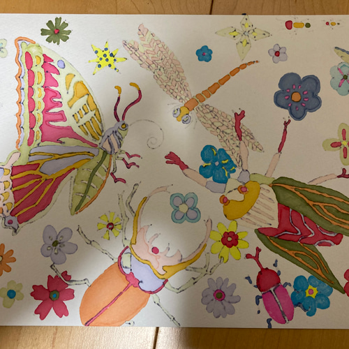 夏の虫たち　子供が書いた絵　色鉛筆絵　孫の絵 夏の虫 絵画 まっさん 通販 13897233｜Creema(クリーマ) ハンドメイド