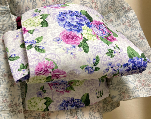 USAコットン上品な薔薇と紫陽花柄　名古屋帯 2枚目の画像