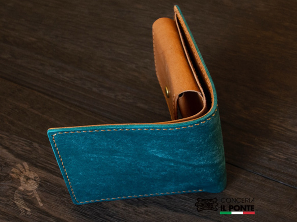 イタリアンレザー　マヤ　手縫い二つ折り財布　ブルーキャメル 1枚目の画像