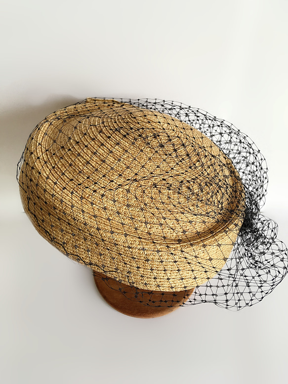 麦わら　トーク帽　帽子 トークハット カクテルハット ヘッドドレス ウェディング ウエディング ヘッドピース　ヘアアクセ 2枚目の画像