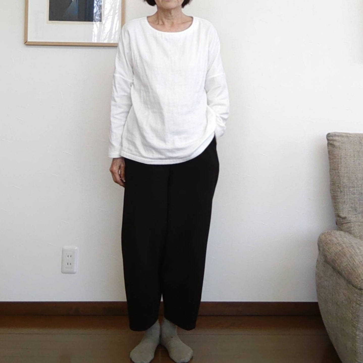 トリプルガーゼのプルオーバー　オフホワイト       ラウンドネック