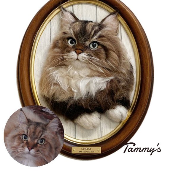 【オーダー例_ウーチャ君01】羊毛フェルト、猫ぬいぐるみ、フェルト猫、半立体肖像画、オーダーメイド 2枚目の画像