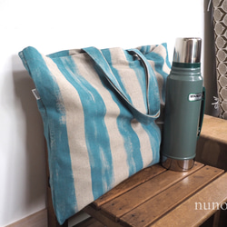 【nuno+】Half linen 大きなバッグ（ブルー/ストライプ） 4枚目の画像