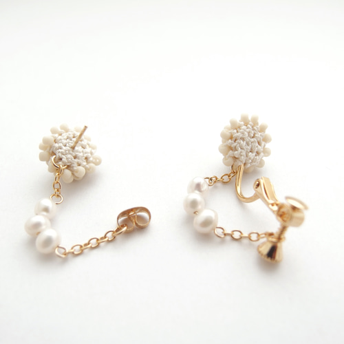 3連淡水パールのチェーンフープ ピアス／イヤリング つや消し