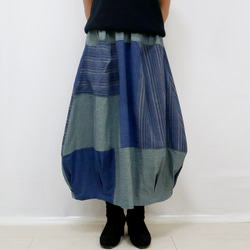 手織り綿インディゴパッチワークバルーンスカート、オールシーズン 7枚目の画像