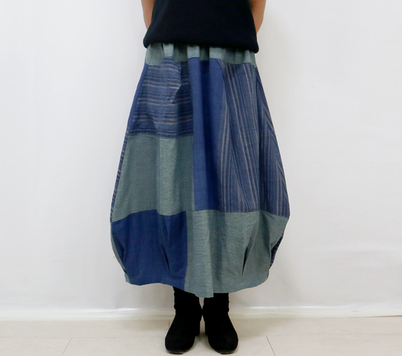 手織り綿インディゴパッチワークバルーンスカート、オールシーズン 7枚目の画像