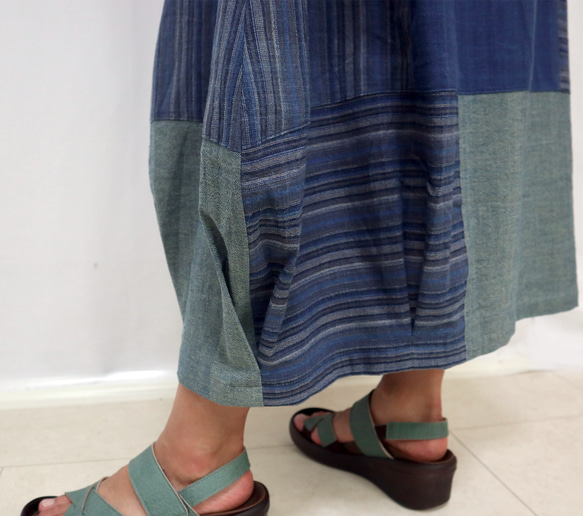 手織り綿インディゴパッチワークバルーンスカート、オールシーズン 13枚目の画像