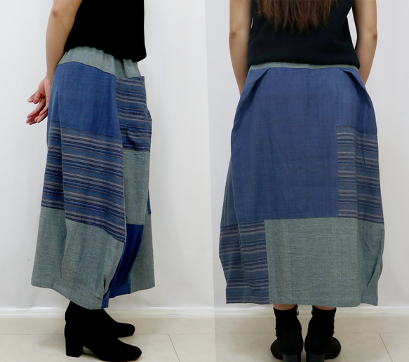 手織り綿インディゴパッチワークバルーンスカート、オールシーズン 9枚目の画像