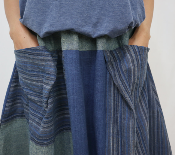 手織り綿インディゴパッチワークバルーンスカート、オールシーズン 10枚目の画像