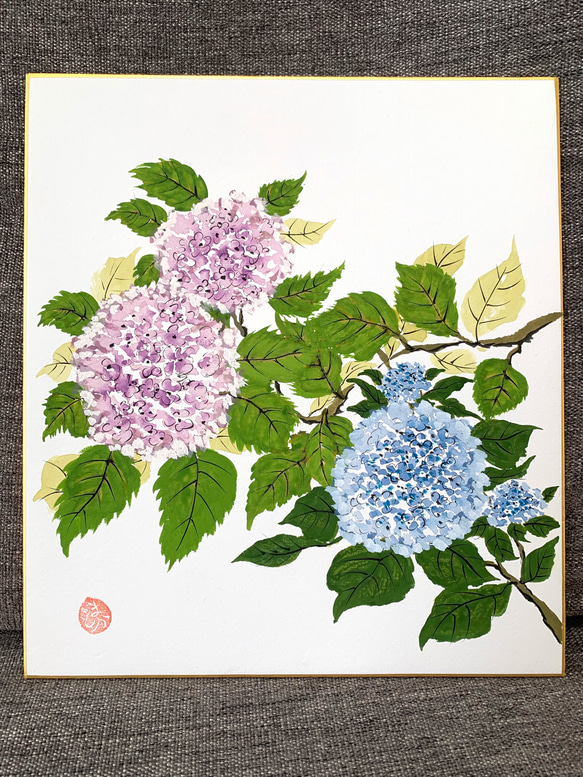 季節の手描き色紙　紫陽花 2枚目の画像