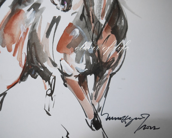 若い赤い牡馬(A4サイズ、29cm×２１ｃｍ、水彩画用紙、墨、アクリル) 3枚目の画像