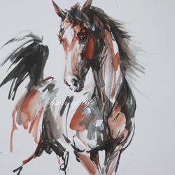若い赤い牡馬(A4サイズ、29cm×21cm、水彩画用紙、墨、アクリル