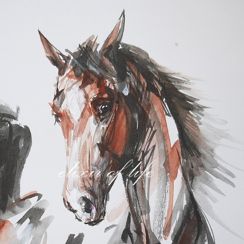 若い赤い牡馬(A4サイズ、29cm×21cm、水彩画用紙、墨、アクリル