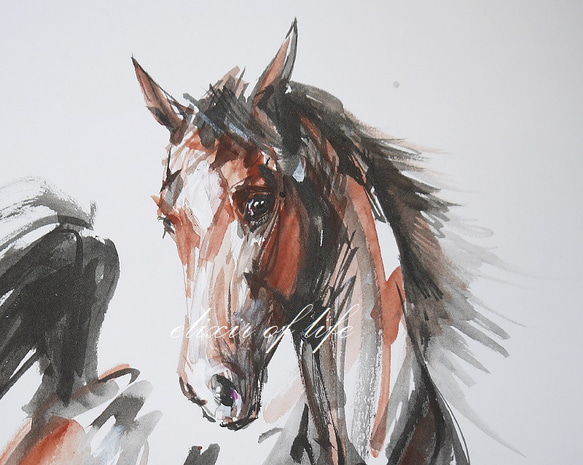 若い赤い牡馬(A4サイズ、29cm×２１ｃｍ、水彩画用紙、墨、アクリル) 2枚目の画像