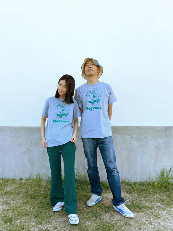 猫とカエルのTシャツ（アシッドブルー）男女兼用 4枚目の画像