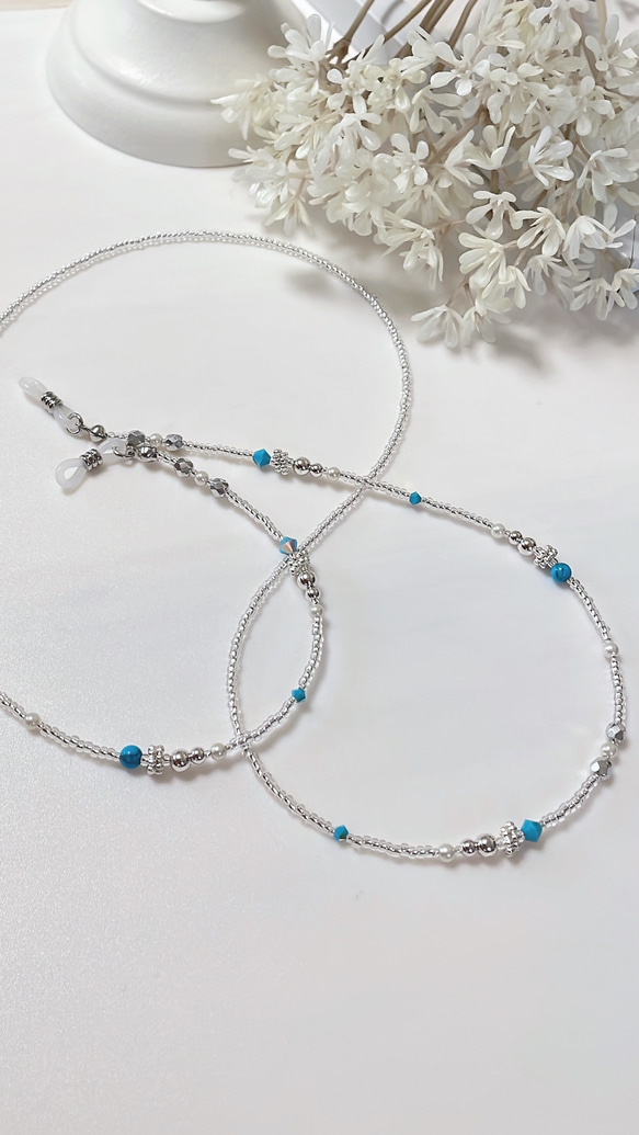 ♪398❤️ ターコイズクロスシルバーマスクチェーンメガネチェーン