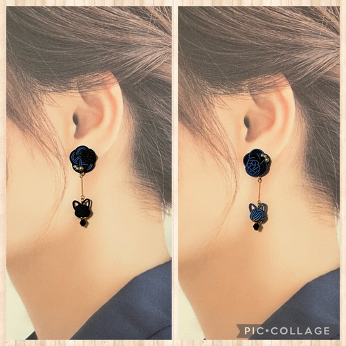 水引 ゴシックカラーの猫アシンメトリーピアス/イヤリング ピアス