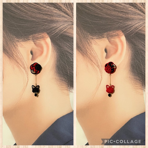 水引 ゴシックカラーの猫アシンメトリーピアス/イヤリング ピアス