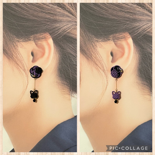 水引 ゴシックカラーの猫アシンメトリーピアス/イヤリング ピアス