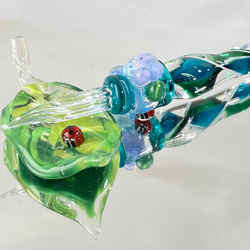 【一点もの・紫陽花】a_beeの気まぐれ紫陽花とてんとう虫ガラスペン＋ガラスの葉っぱのペンレスト（化粧箱付き） 3枚目の画像