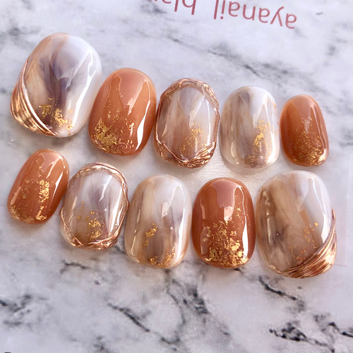 サイズオーダー4039 オレンジブラウン ゴールド 暖色 大人 ネイル