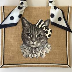 オリジナル 猫 縁有 手描き ジュートバッグ ねこ ネコ 鞄 size M ドット スカーフ 付　カゴバッグ かごバッグ 3枚目の画像
