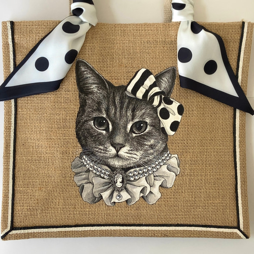オリジナル 猫 縁有 手描き ジュートバッグ ねこ ネコ 鞄 size M