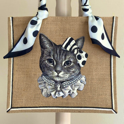 オリジナル 猫 縁有 手描き ジュートバッグ ねこ ネコ 鞄 size M ドット スカーフ 付　カゴバッグ かごバッグ 2枚目の画像