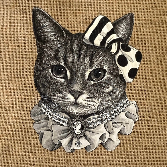 オリジナル 猫 縁有 手描き ジュートバッグ ねこ ネコ 鞄 size M ドット スカーフ 付　カゴバッグ かごバッグ 4枚目の画像