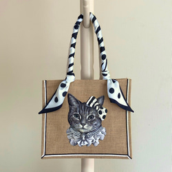 オリジナル 猫 縁有 手描き ジュートバッグ ねこ ネコ 鞄 size M ドット スカーフ 付　カゴバッグ かごバッグ 1枚目の画像