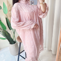 淺粉色胸與手袖半立領透膚 古著洋裝連衣裙連身裙vintage dress 第4張的照片