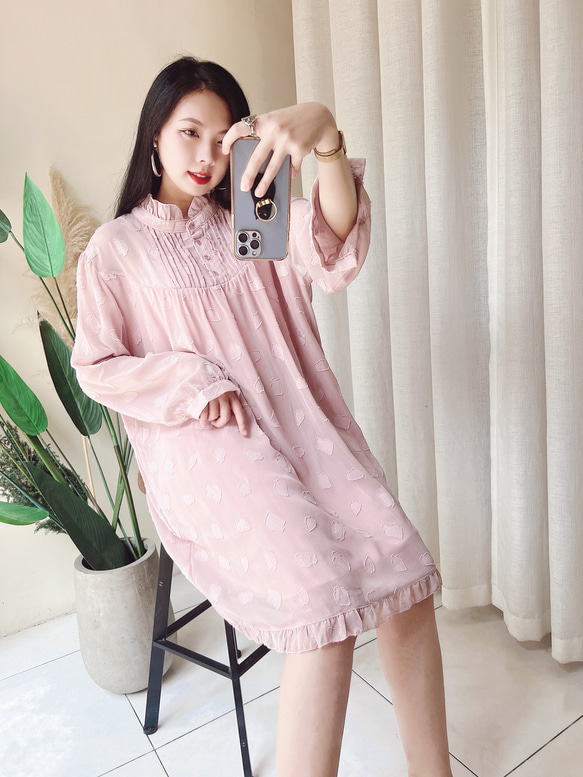 淺粉色胸與手袖半立領透膚 古著洋裝連衣裙連身裙vintage dress 第2張的照片