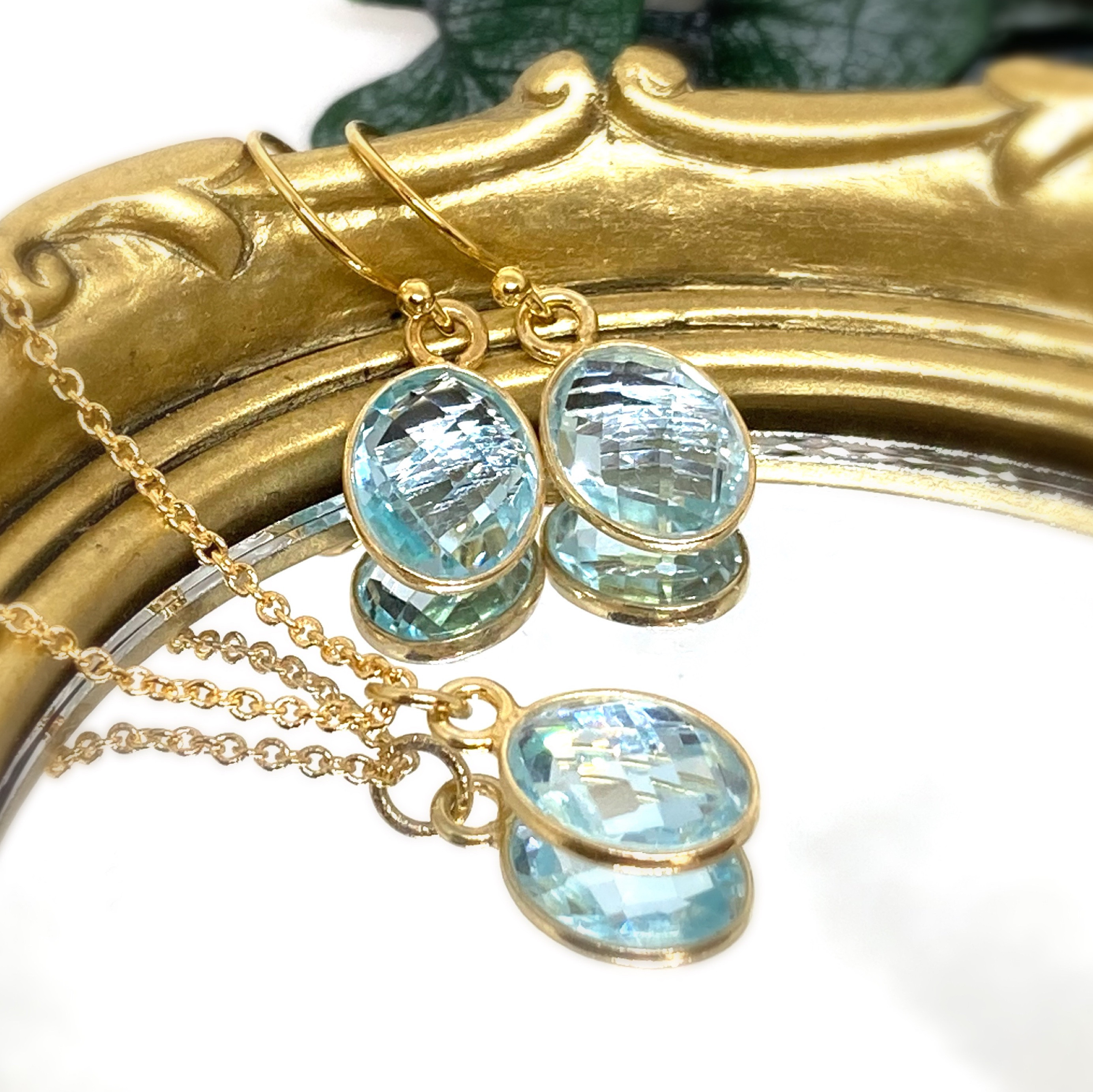 【天然石】宝石質スカイブルートパーズ(オーバルカット)のネックレスとピアス(イヤリング変更可)のセット