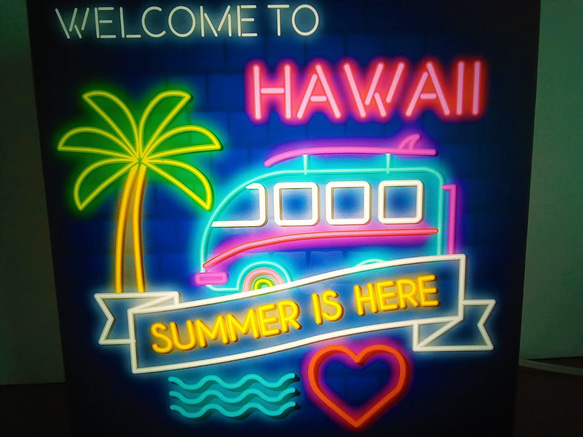 WELCOME ハワイ ワーゲンバス ヤシの木 ビーチ 南国 砂浜 ハート 海 サイン 看板 置物 雑貨 LED電飾看板 3枚目の画像