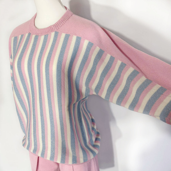 春ニット✿８分袖トップス ピンク×ブルー ストライプ　334 PINK BLUE STRIPE TOPS 4枚目の画像