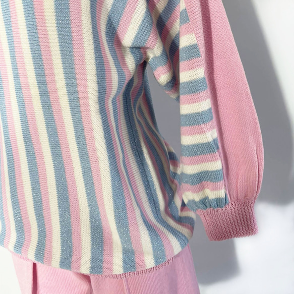 春ニット✿８分袖トップス ピンク×ブルー ストライプ　334 PINK BLUE STRIPE TOPS 5枚目の画像